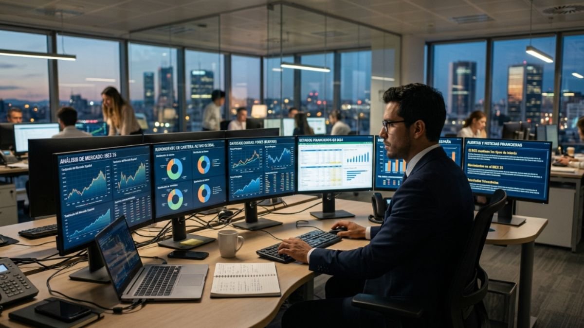 Análisis financiero con gráficos y datos en pantalla profesional