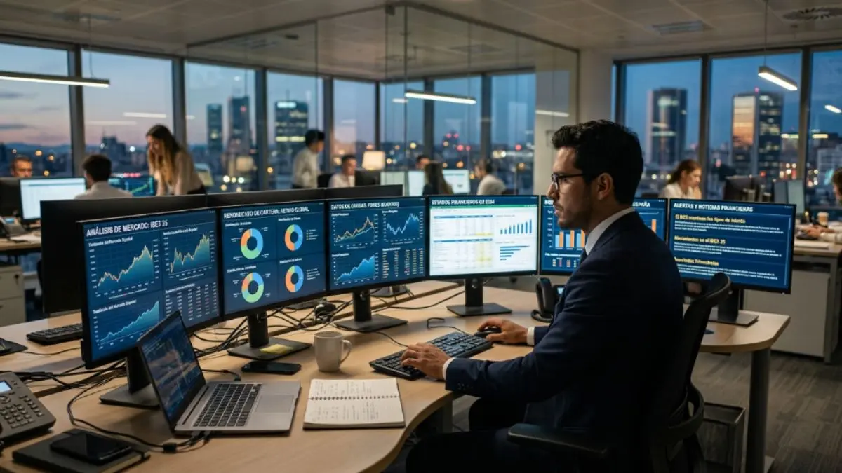 Análisis financiero con gráficos y datos en pantalla profesional