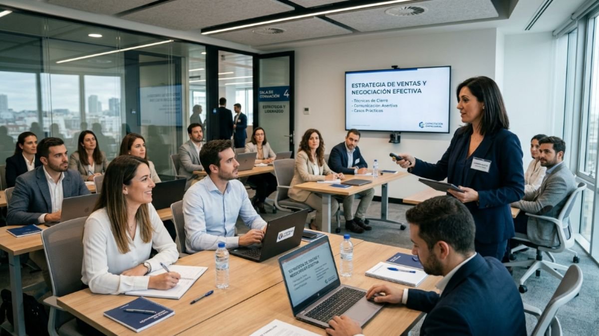 Capacitación empresarial en sala de formación con tecnología