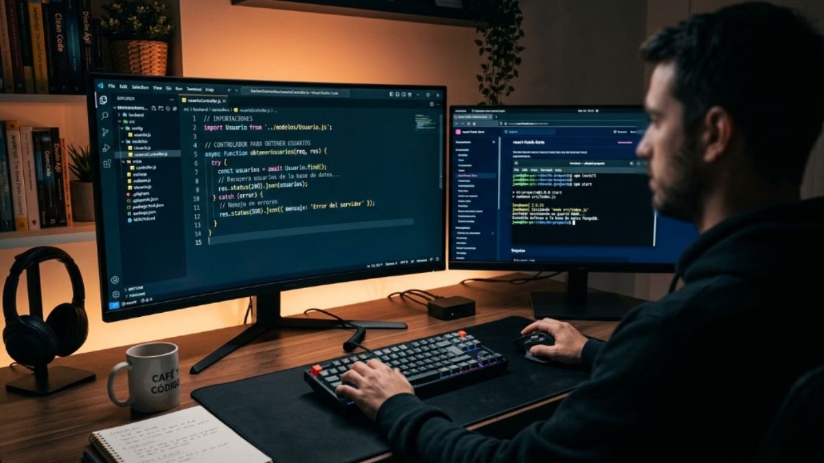 Código de programación en editor profesional con terminal de comandos