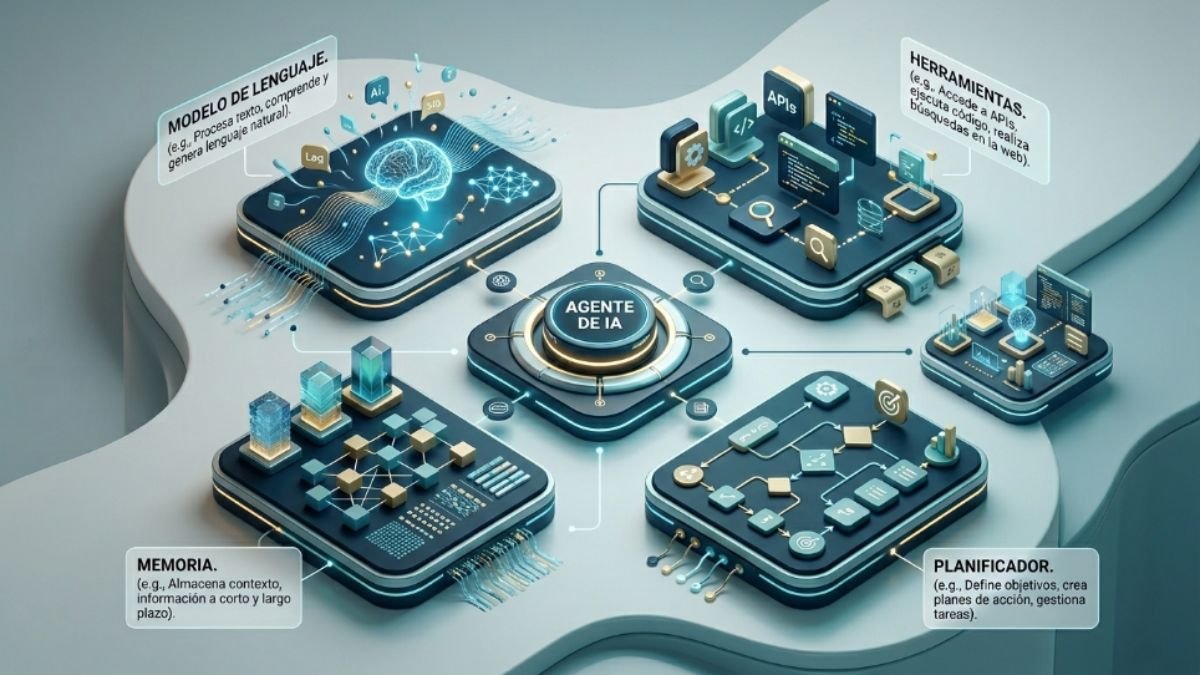 Diagrama con los cuatro componentes esenciales de un agente de IA modelo herramientas memoria y planificación