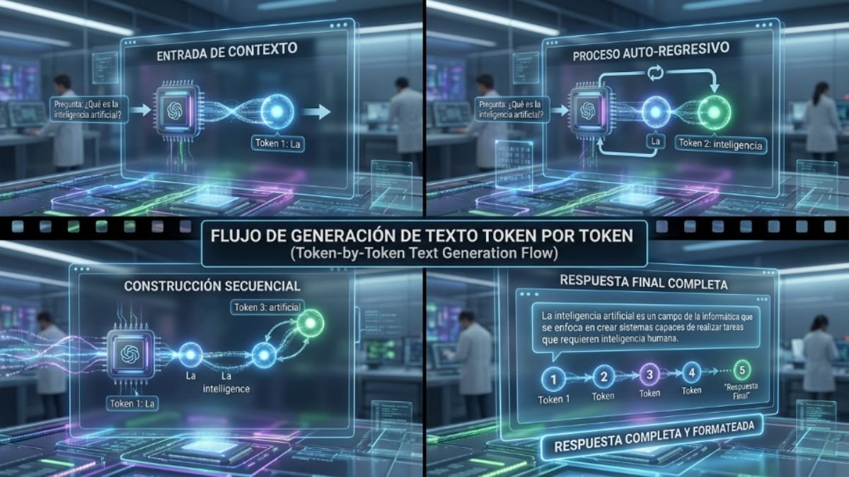 El proceso de generación de texto en un modelo de lenguaje predicción token a token basada en el contexto previo