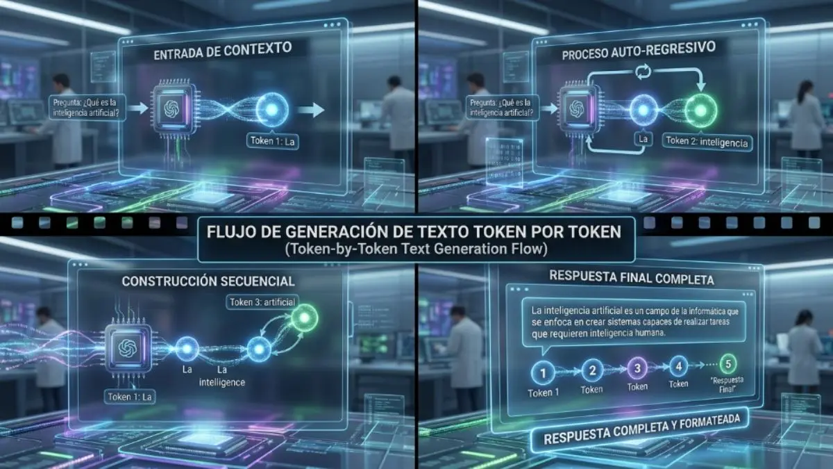 El proceso de generación de texto en un modelo de lenguaje predicción token a token basada en el contexto previo
