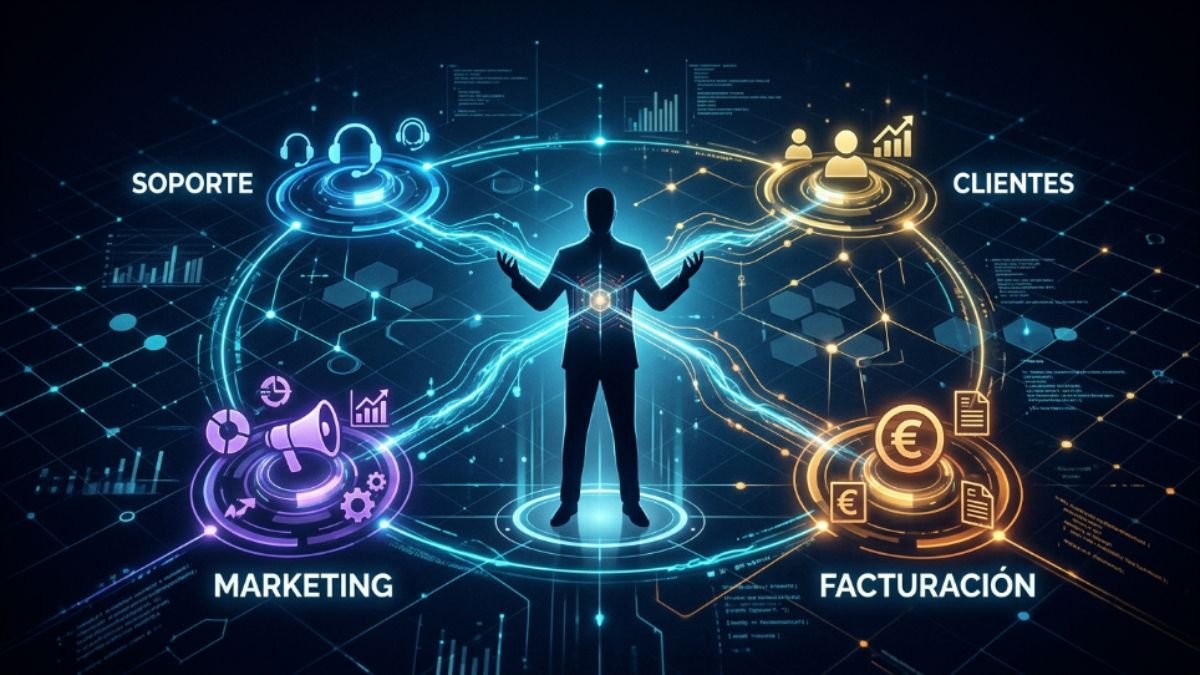 Emprendedor de pequeña empresa gestionando múltiples procesos automatizados con inteligencia artificial