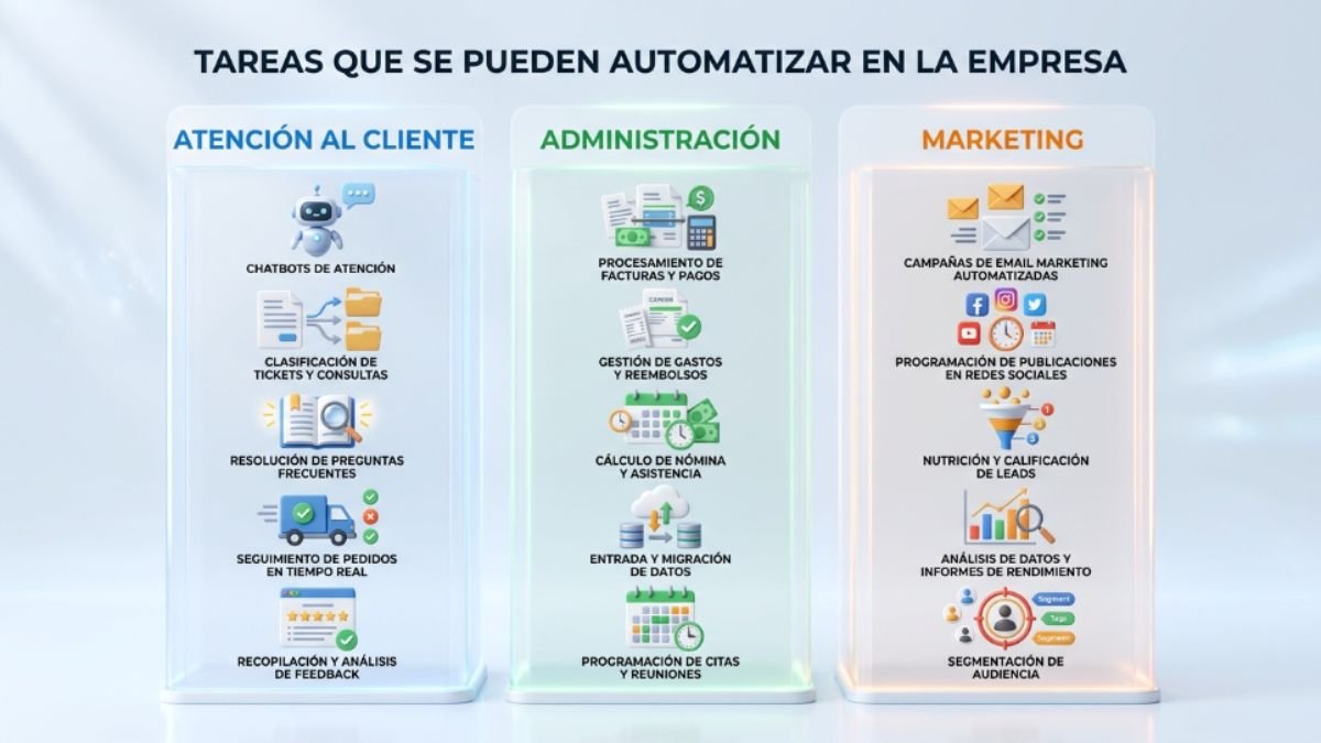 Los tres procesos principales automatizables con IA en una pequeña empresa atención administración y marketing
