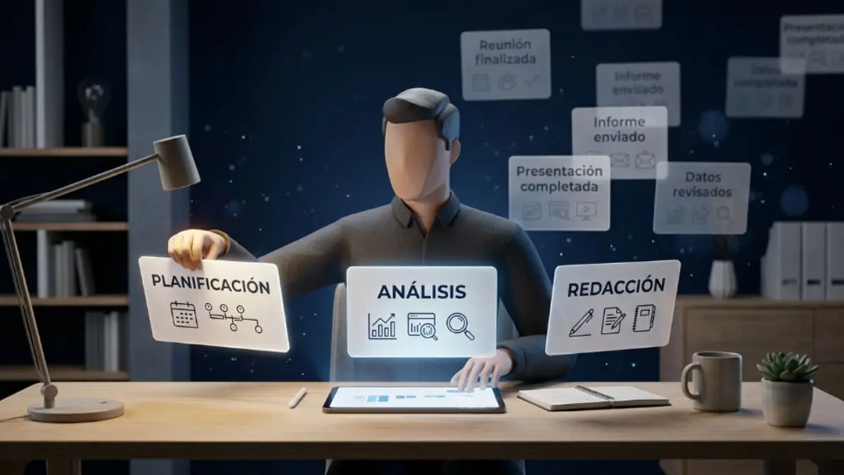 Profesional usando IA para aumentar la productividad gestionando múltiples tareas de forma eficiente