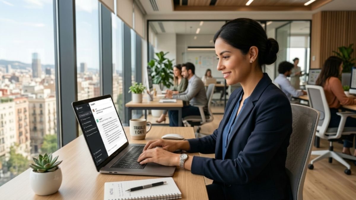 Profesional utilizando ChatGPT en entorno de trabajo moderno