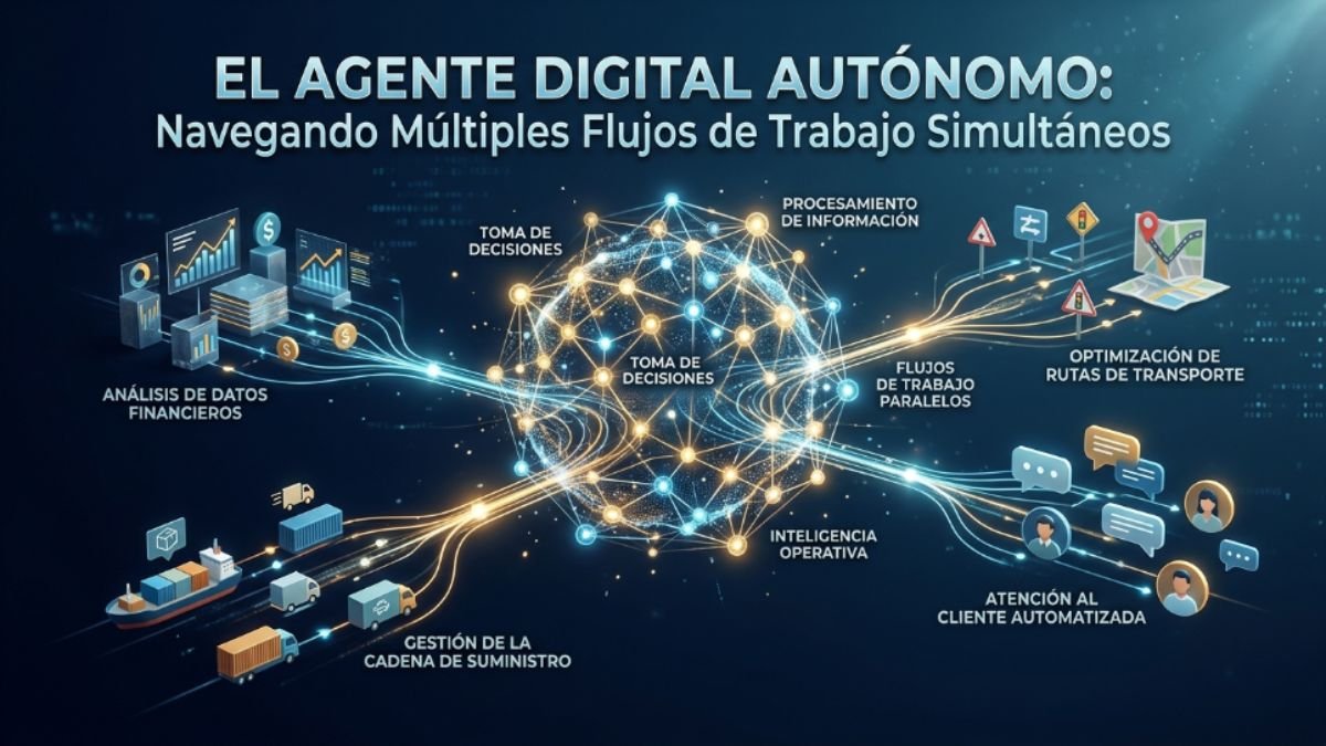 Representación visual de un agente de IA autónomo gestionando múltiples tareas simultáneas