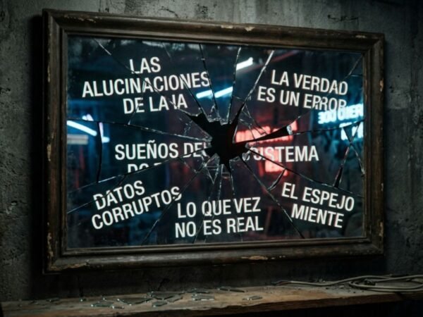 espejo roto reflejando texto distorsionado, representación visual de las alucinaciones de la inteligencia artificial