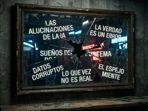 espejo roto reflejando texto distorsionado, representación visual de las alucinaciones de la inteligencia artificial