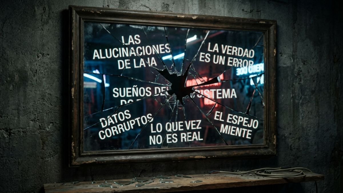 espejo roto reflejando texto distorsionado, representación visual de las alucinaciones de la inteligencia artificial