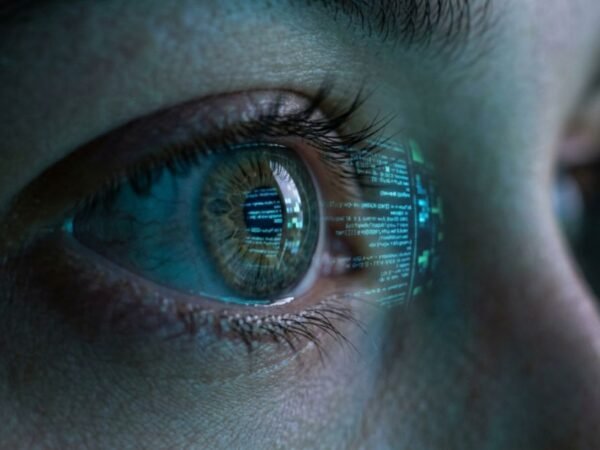 ojo humano reflejando texto digital, representación visual de cómo entiende la IA el lenguaje humano