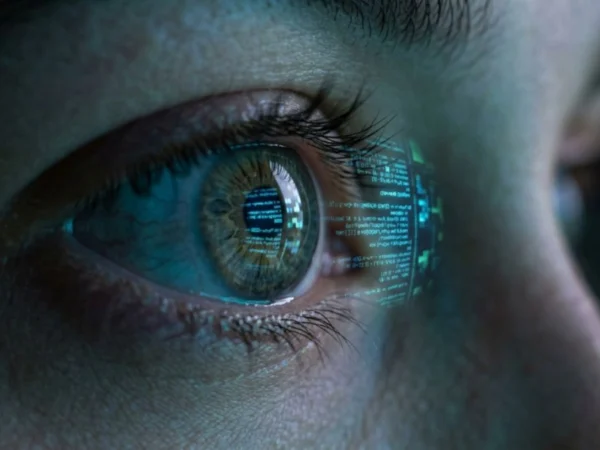 ojo humano reflejando texto digital, representación visual de cómo entiende la IA el lenguaje humano