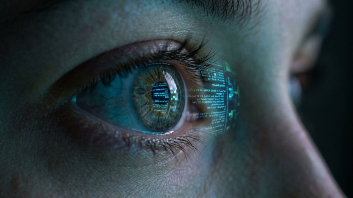 ojo humano reflejando texto digital, representación visual de cómo entiende la IA el lenguaje humano